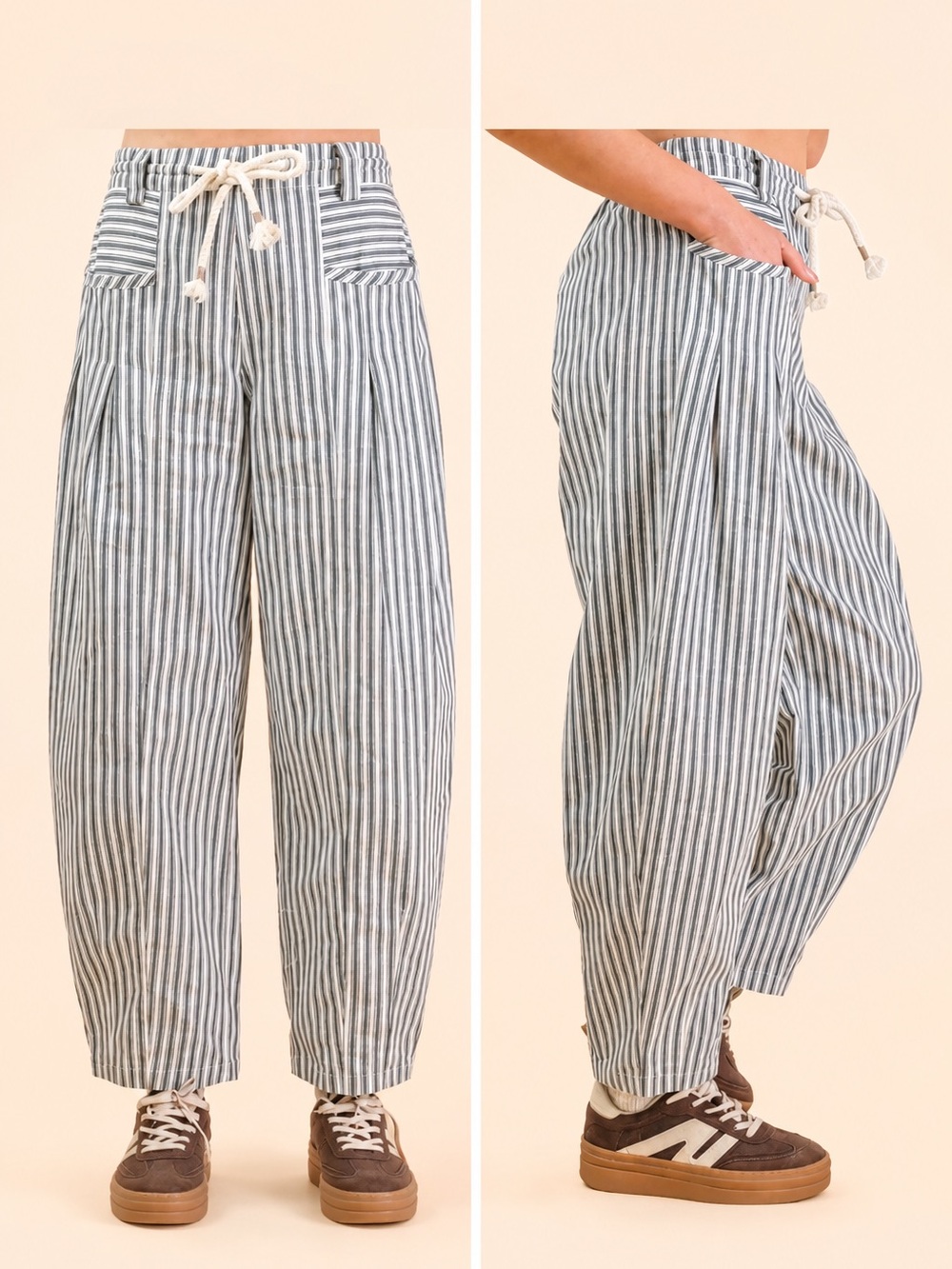 Very Jean Striped Barrel Pants — White & Navy